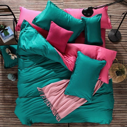 Teal & Fuschia Pink Plain Beddings Set