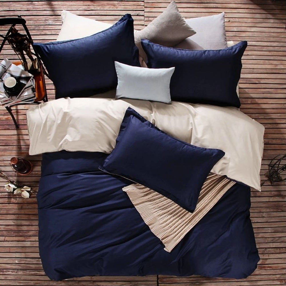 Cream & Navy Blue Plain Beddings Set