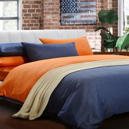 Orange & Navy Blue Plain Beddings Set
